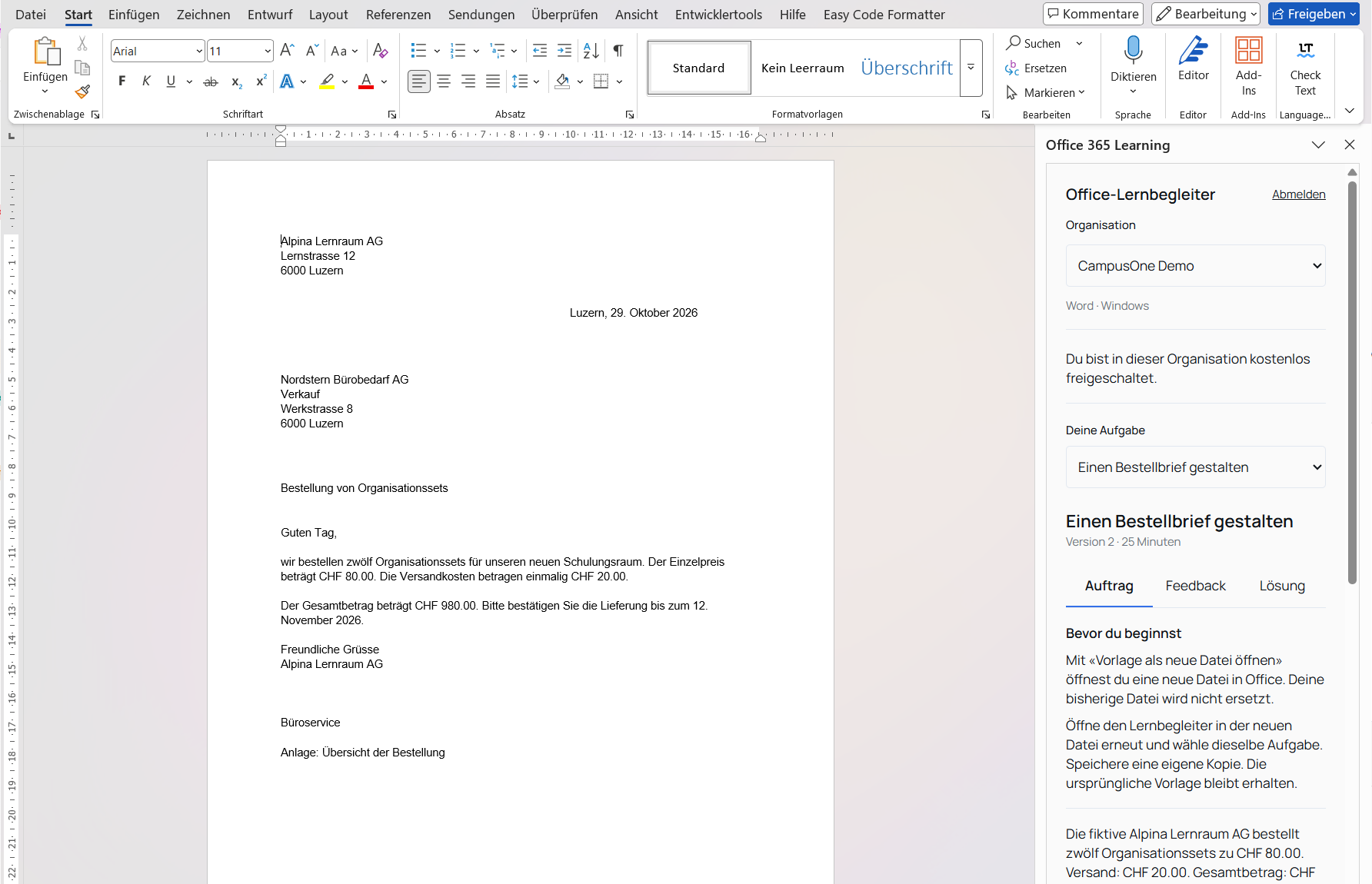 Word unter Windows mit einem fiktiven Bestellbrief links und dem Auftrag im Office-Lernbegleiter rechts.